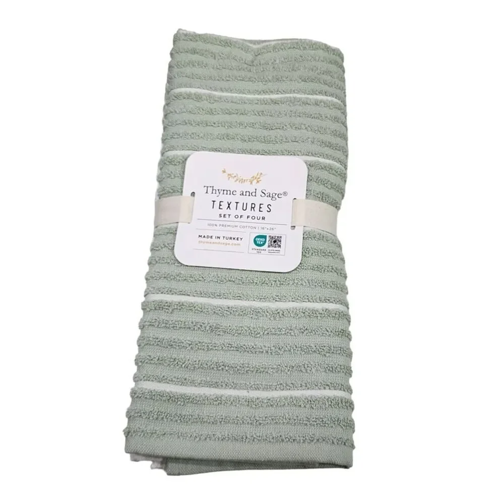 Thyme and Sage Kitchen Towel Set of 4pcs‎ Green and White Striped Turkish Cotton